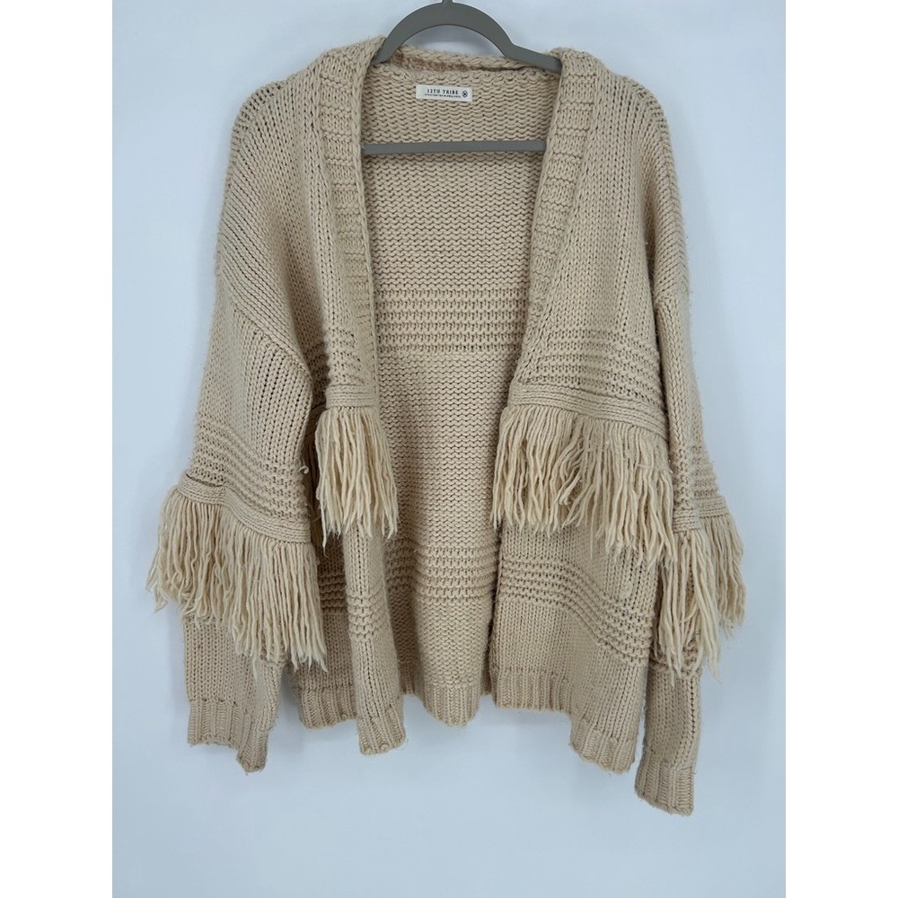 12th Tribe Beige Fringe Cardigan Womens M Boho Western Knit Festival Cozy Chic